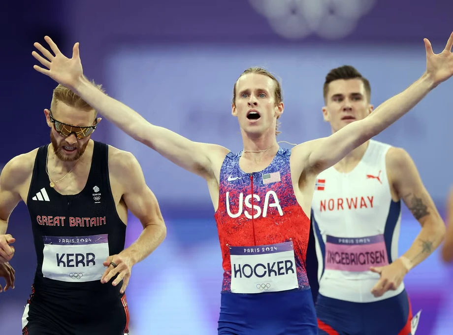 Cole Hocker finishing ahead of Josh Kerr and Jakob Ingebrigtsen
